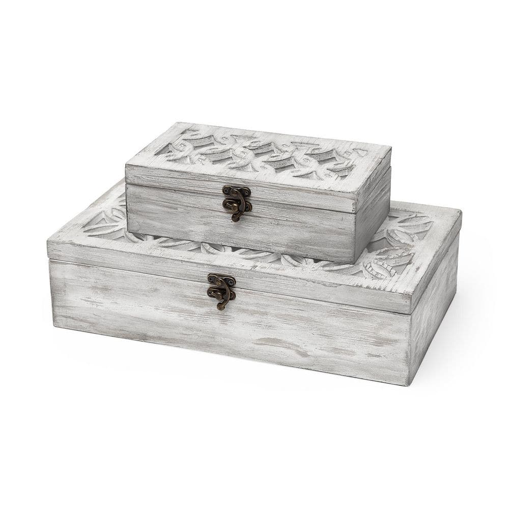 Set of Two Distressed Whitewashed Wooden Decorative Boxes