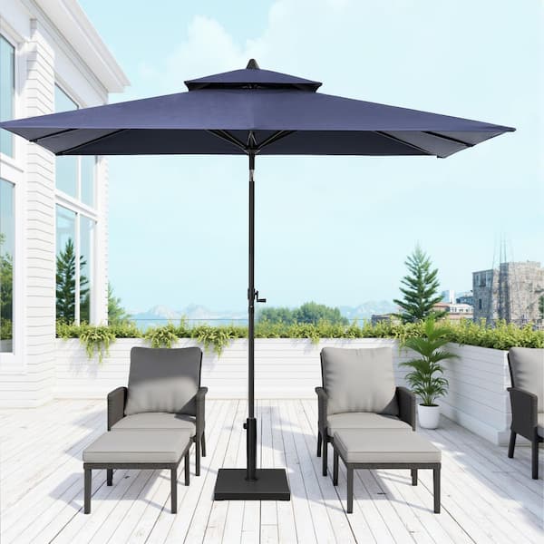 9 ft. x 5 ft. Rectangular Double Top Market Crank and Tilt Patio Umbrella in Navy Blue With 43 lbs. Cement Umbrella Base