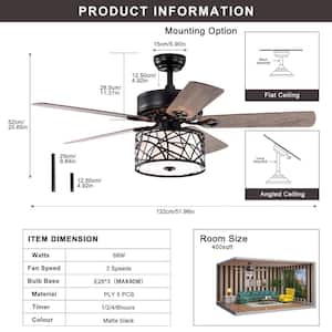 Modern Design 52 in. Smart Indoor Matte Black Low Profile Standard Ceiling Fan 3 Wind Modes with Lights, Remote & Timer