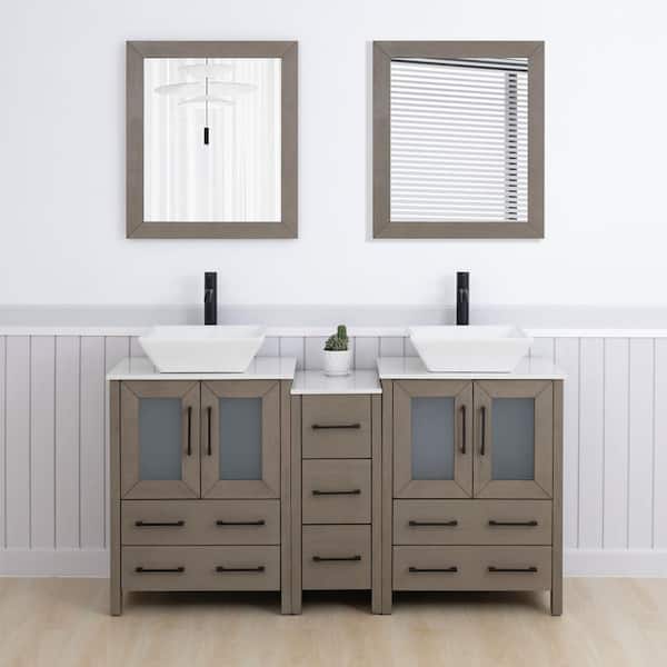 Vanity Art 60 in. W Double Basin Driftwood Gray Bath Vanity with White Engineered Marble Top and Mirror
