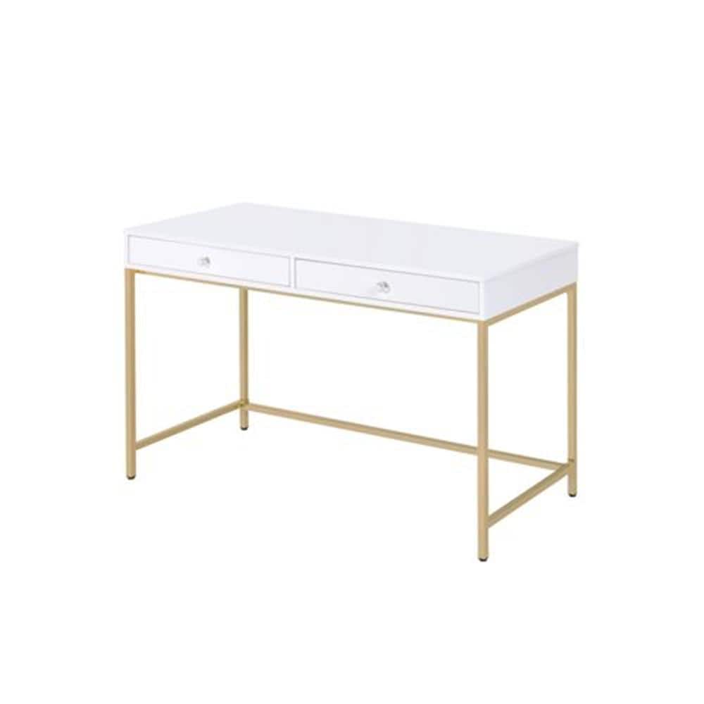 White High Gloss Gold Rectangular Contemporary Vanity Desk with 2-Drawers Metal and Wood 31 in. H x 47 in. W x 20 in. D
