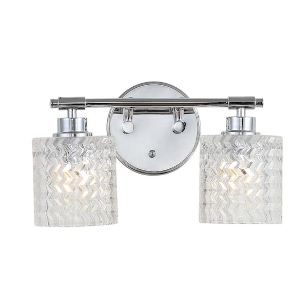 Spaulding Vintage 13 in. 2-Light Iron/Chevron Pattern Glass Farmhouse Cottage LED Chrome Vanity Light