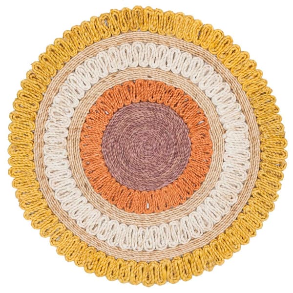 SAFAVIEH Natural Fiber Gold/Multi Doormat 3 ft. x 3 ft. Round Border Area Rug