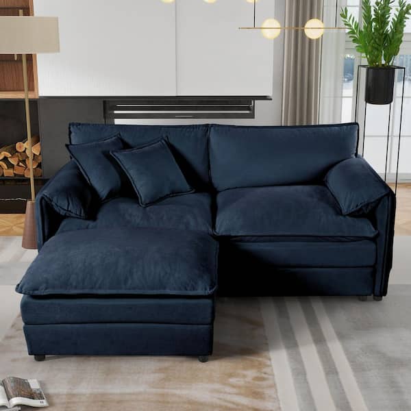 ROYET 75.6 in. W Pillow Top Arm Chenille 3-Seater Modular Sofa with Chaise, Pillows, and Storage Pocket in Midnight Blue
