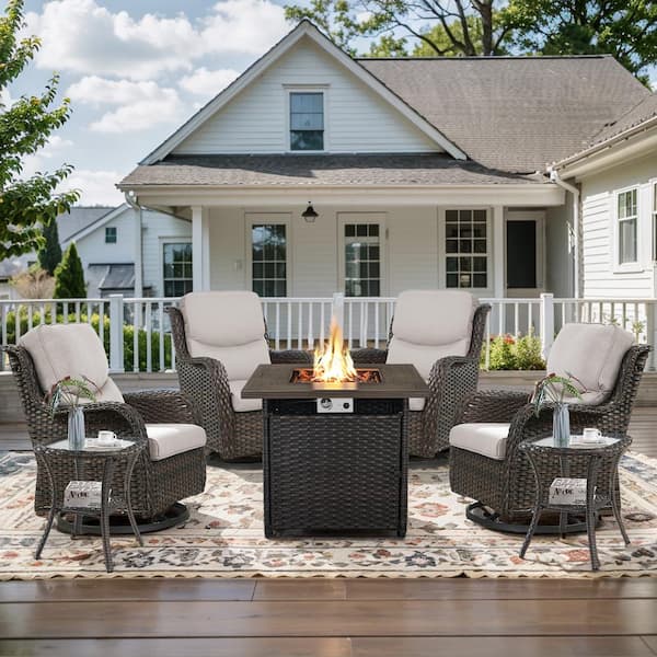 Opohoro 7-Piece Brown Wicker Outdoor Square Fire Pit Conversation Set with Beige Cushions and Swivel Rocker Patio Chairs