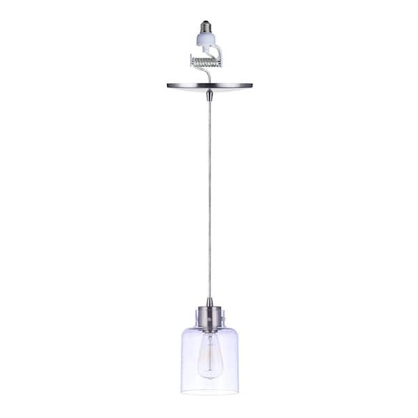Worth Home Products WHP 1-Light Recessed Light Conversion Kit Brushed Nickel Shaded Pendant Light with Modern Cylinder Clear Glass Shade