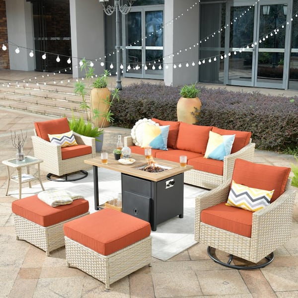 HOOOWOOO Oconee 7-Piece Wicker Patio Conversation Sofa Set with Swivel Rocking Chairs, a Storage Fire Pit and Orange Red Cushions