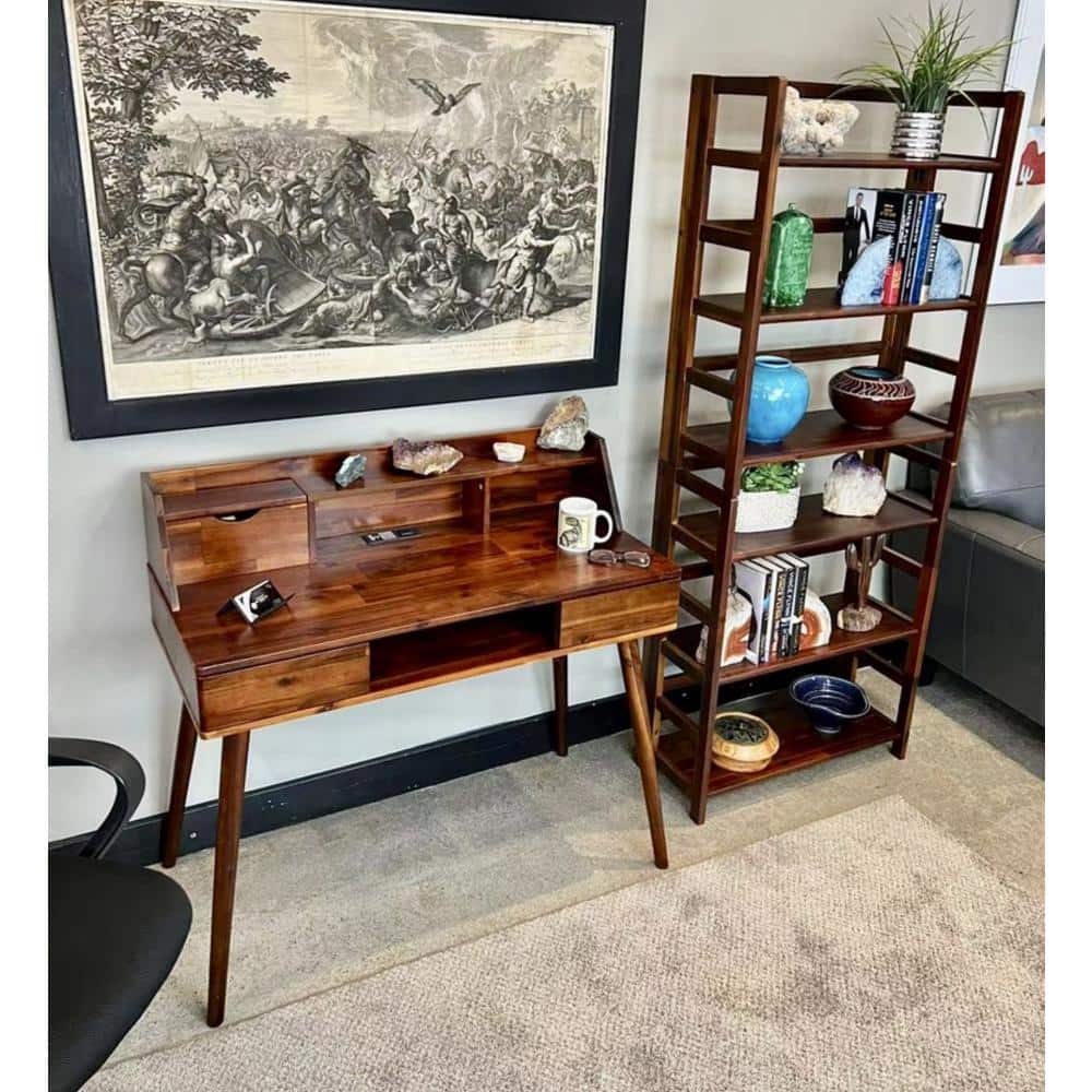 Mahogany Acacia Wood Desk with Charging Station and Drawers