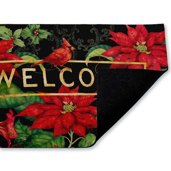 Seasonal Poinsettia Welcome Black 18 in. x 30 in. Polyester Non-Slip Outdoor Door Mat