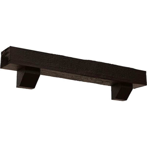 Ekena Millwork 6 in. x 8 in. x 5 ft. Rough Sawn Faux Wood Fireplace Mantel Kit with Ashford Corbels, Premium Hickory