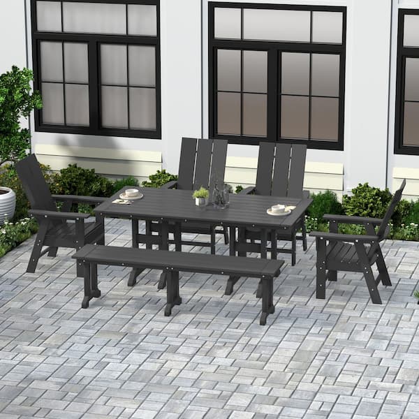 Shoreside Outdoor Patio Weather Resistant Gray 6-Piece HDPE Plastic Adirondack Dining Set with Bench
