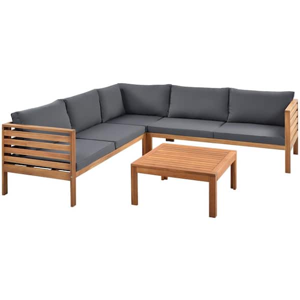 Boosicavelly Wood Structure Outdoor Corner Patio Conversation Set with Gray Cushions