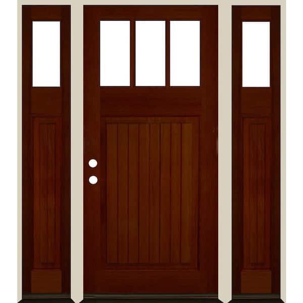 Krosswood Doors 64 in. x 80 in. Craftsman 3-Lite Clear Glass VG Red Chestnut Stain Right Hand Hemlock Wood Prehung Front Door w/DSL