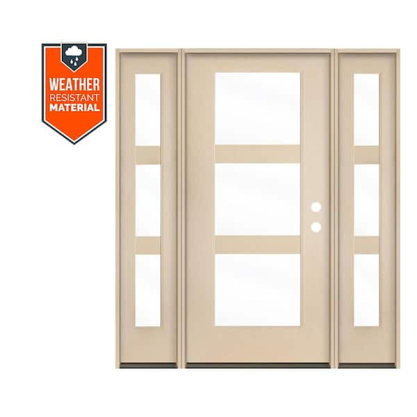 BRIGHTON Modern 64 in. x 79 in. 3-Lite Left-Hand/Inswing Clear Glass Unfinished Fiberglass Prehung Front Door w/DSL