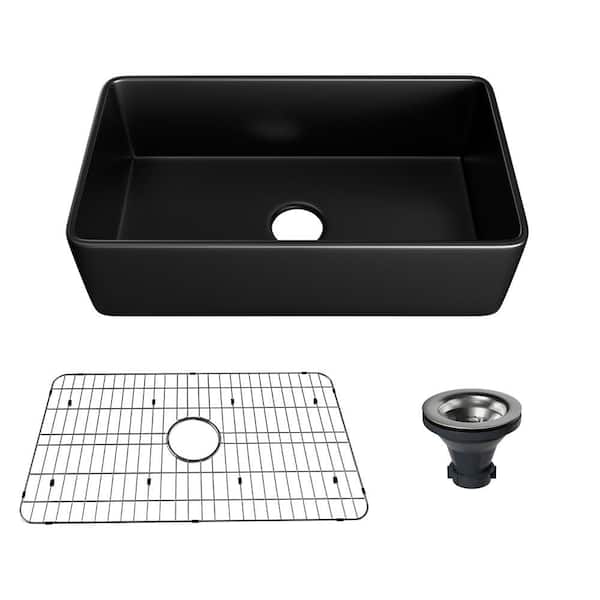33 in. Farmhouse/Apron-Front Single Bowl Matte Black Fireclay Kitchen Sink with Bottom Grid and Strainer Drain
