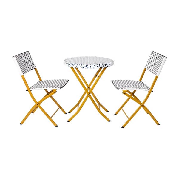 Rouen 3-Piece Steel Round Foldable Indoor/Outdoor Bistro Set Wicker Back, Seat, Top Navy/White w/ Natural Steel Frame
