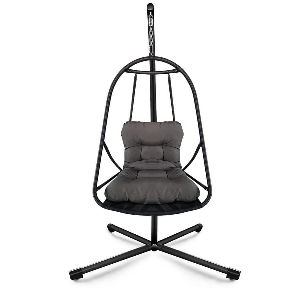 Black Swing Egg Chair with Stand, Outdoor Wicker Hanging Chair with Cushion and Pillow