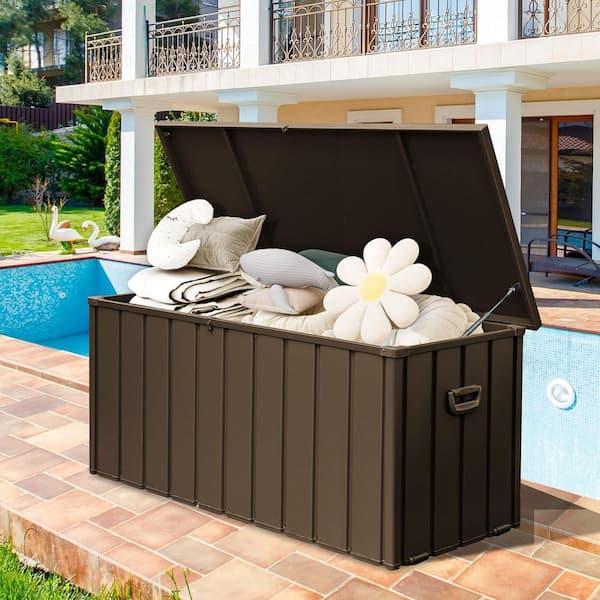 Unbranded 190 Gal. Dark Brown Metal Outdoor Deck Box with Lockable Lid, Hydraulic Lift and Wheels