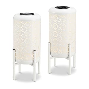 14.25 in. H White Metal Cutout Flower Pattern Solar Powered LED Outdoor Lantern with Stand (set of 2)