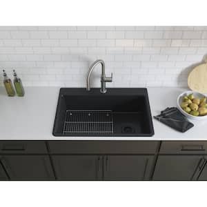 Kennon Dual Mount Neoroc Granite Composite 33 in. 1-Hole Single Bowl Kitchen Sink in Matte Black with Basin Rack