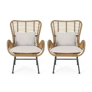 2-piece rattan woven armrests outdoor lounge chair, metal frame, mix and match, with cushions beige