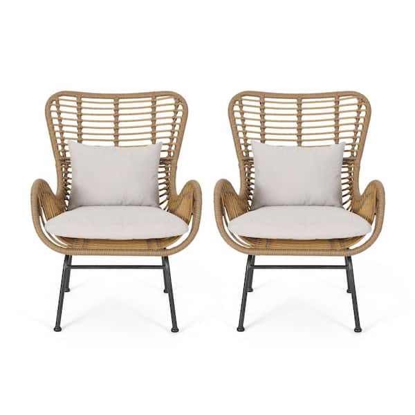 Unbranded 2-piece rattan woven armrests outdoor lounge chair, metal frame, mix and match, with cushions beige