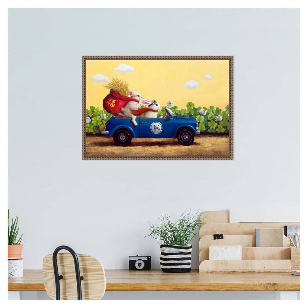 Whimsical Bunnies in Blue Car Framed Canvas Print