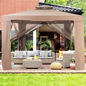 10 ft. x 10 ft. Brown Outdoor Netting Canopy Sun Shade Gazebo Tent for Picnic Party (2-Tier)