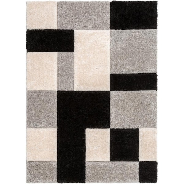 San Francisco Escondido Black Modern Geometric Squares 5 ft. 3 in. x 7 ft. 3 in. 3D Carved Shag Area Rug