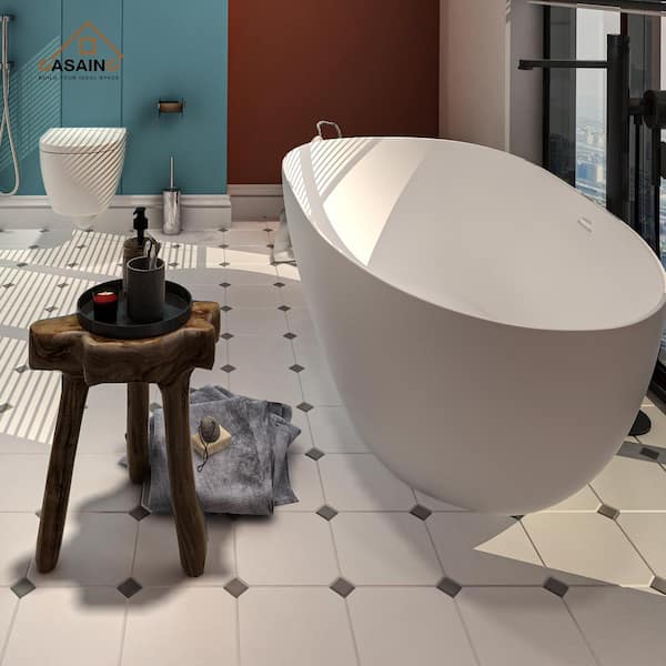 59 in. Stone Resin Composite Solid Surface Freestanding Flatbottom Non-Whirlpool Bathtub in White
