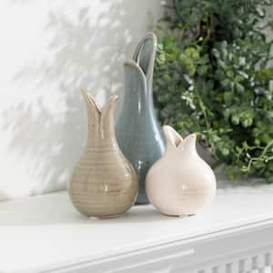 8", 6" & 4.25" Blue, Beige and Off-White Ceramic Tulip Bulb Vase (Set of 3)