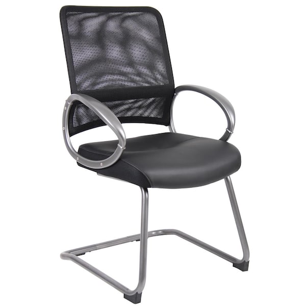 BOSS Office Products Black Mesh Vinyl Seat Guest Chair with Pewter Finish Arms and Base