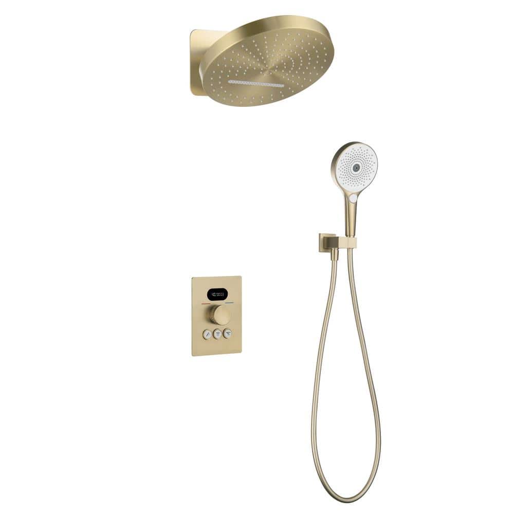 Thermostatic Shower 3-Spray 12.6 in. Dual Shower Head Wall Mount Fixed and Handheld Shower Head 4.76 GPM in Brushed Gold price history on PriceWatchPro