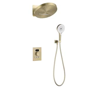 Thermostatic Shower 3-Spray 12.6 in. Dual Shower Head Wall Mount Fixed and Handheld Shower Head 4.76 GPM in Brushed Gold