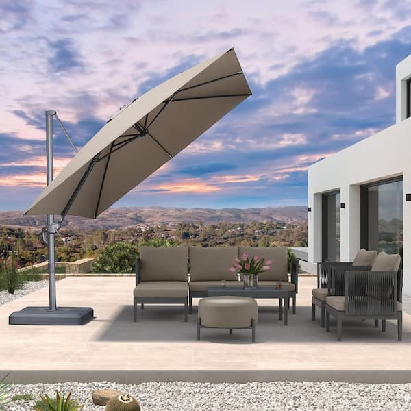 PURPLE LEAF 10 ft. Square Outdoor Patio Cantilever Umbrella Aluminum Offset 360° Rotation Umbrella with Base, Taupe