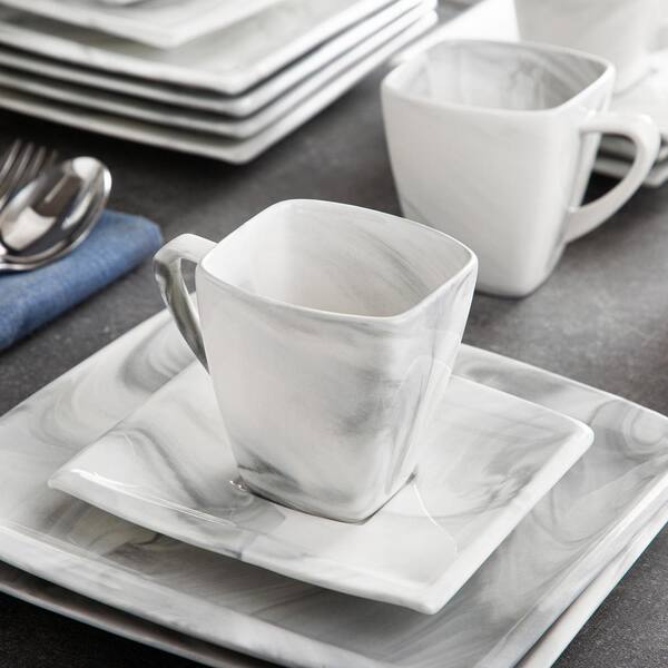 MALACASA Blance Marble Grey Porcelain Dinnerware Set with Cups