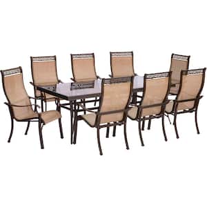 Monaco 9-Piece Aluminum Outdoor Dining Set with Rectangular Glass-Top Table and Contoured Sling Stationary Chairs