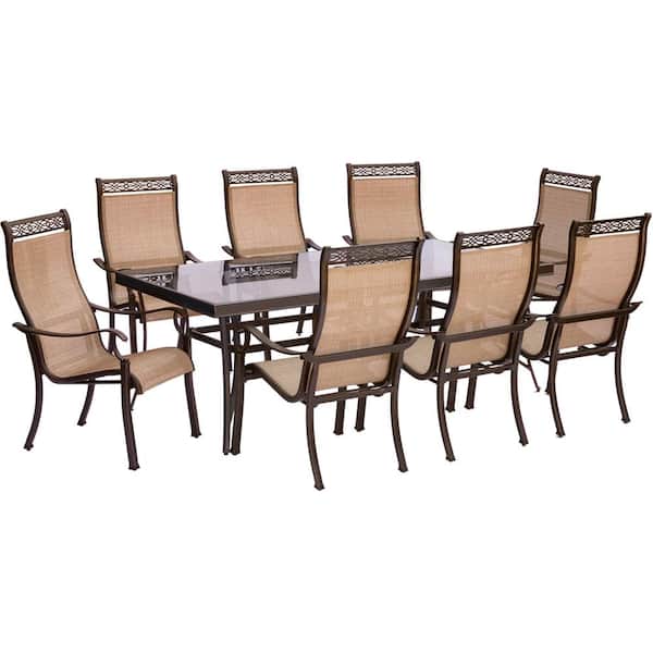 Hanover Monaco 9-Piece Aluminum Outdoor Dining Set with Rectangular Glass-Top Table and Contoured Sling Stationary Chairs