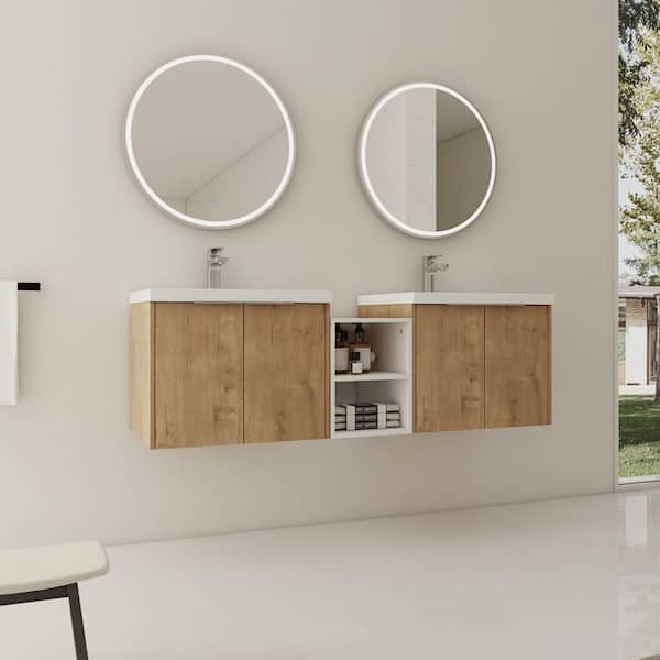 Stafford 59.2 in. W x 18.1 in. D x 19.3 in. H Floating Bath Vanity in Imitative Oak with White Resin Vanity Top