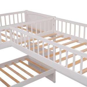 White Twin L-Shaped Bunk Bed with Ladder and Stairway