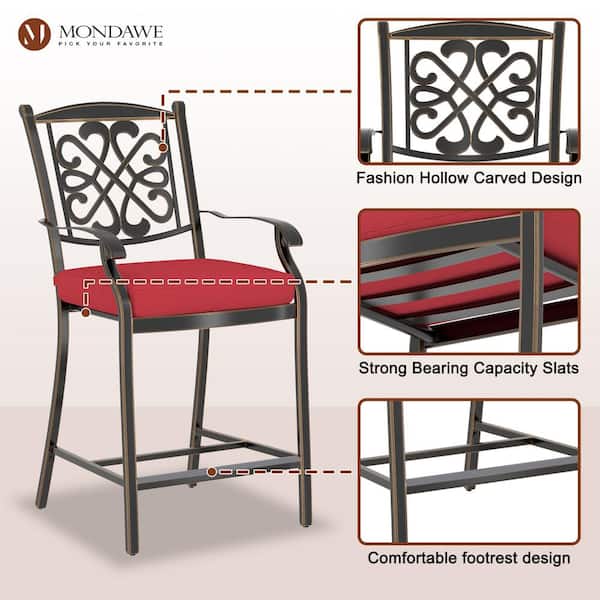 Regal Haven Cast Aluminum Outdoor Bar Stool Flower-Shaped Backrest Bar Height Dining Chair with Red Cushion (Set of 4)