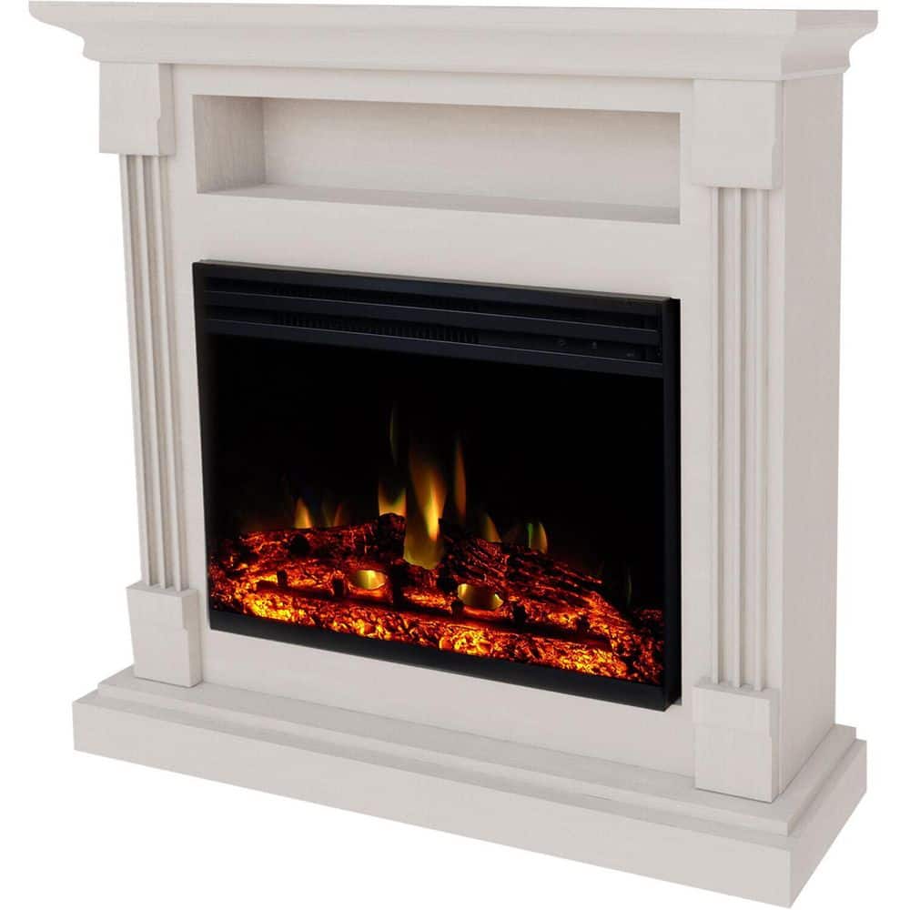 Sienna 34'' White MDF Electric Fireplace with Multi-Color Flame and Log Insert