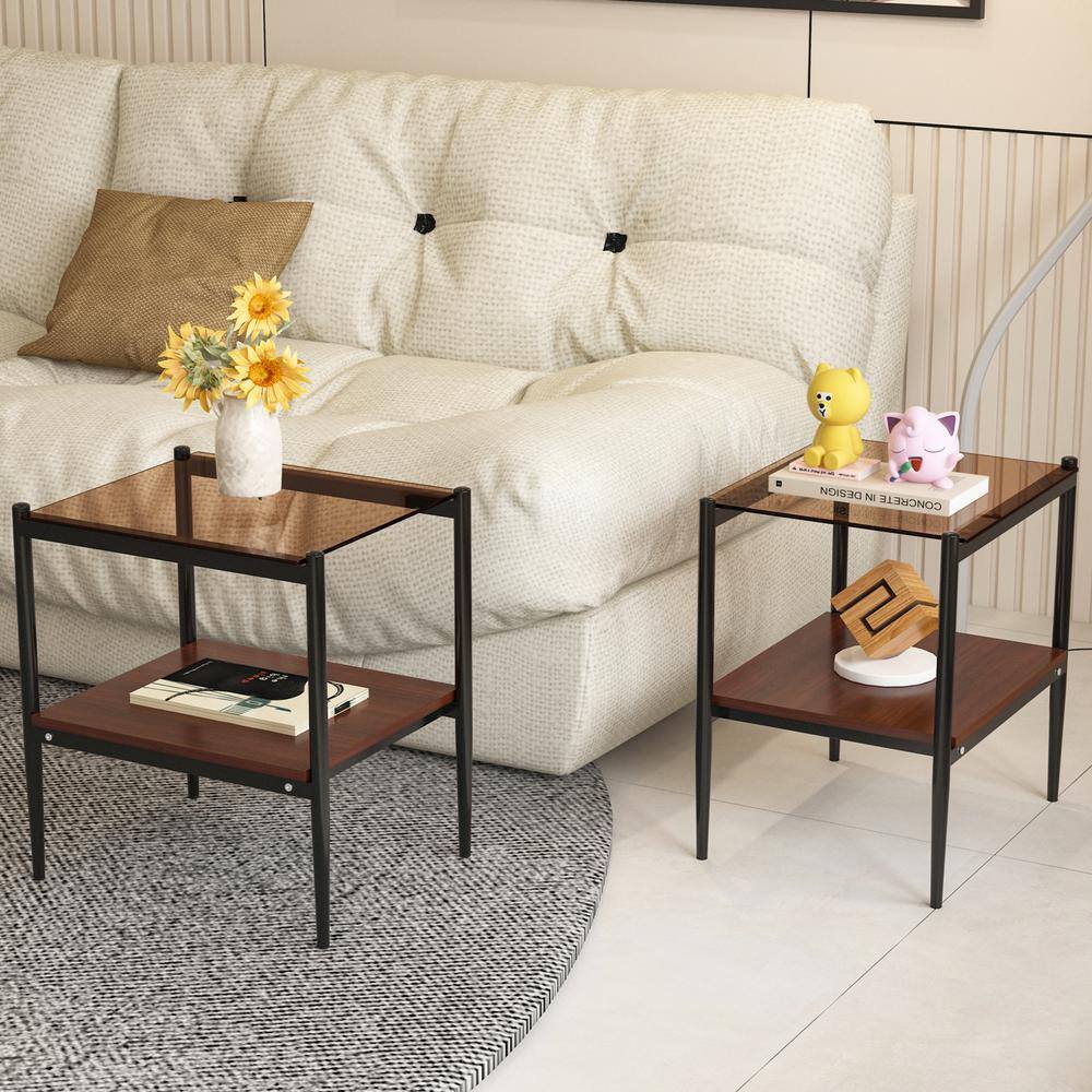 21.14 in. H Black and Brown Wood Rectangle Outdoor Side Table with Tempered