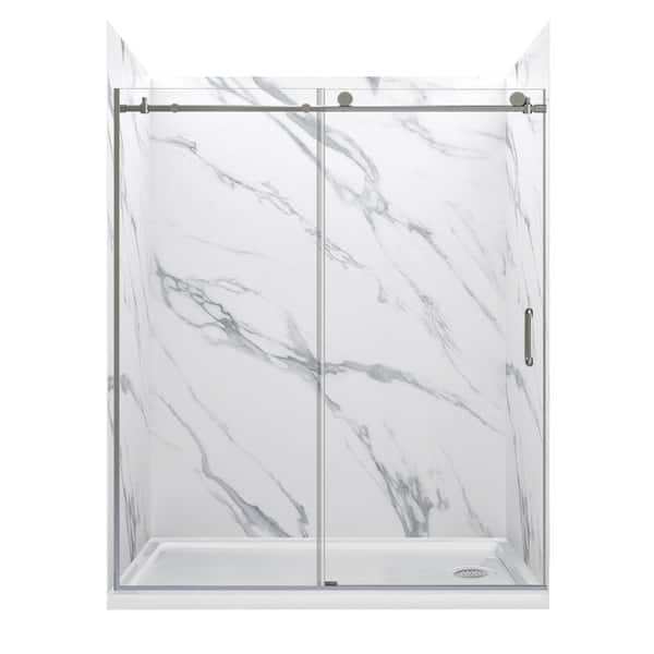 JETCOAT 60 in. L x 30 in. W x 78 in. H Right Drain Alcove Shower Stall Kit in Carrara White and Brushed Nickel 3-Piece