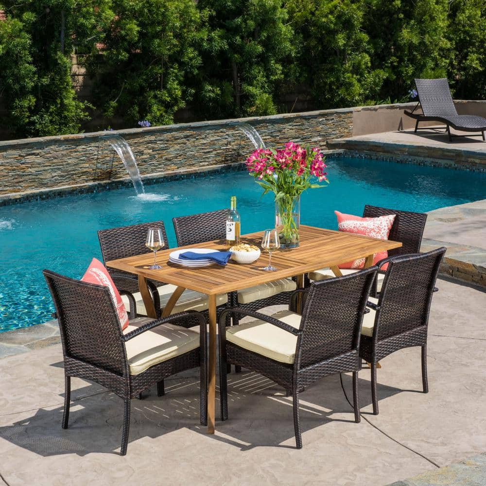 San Andres Multi-Brown/Teak 7-Piece Faux Rattan and Wood Outdoor Dining Set -  Noble House, 10738