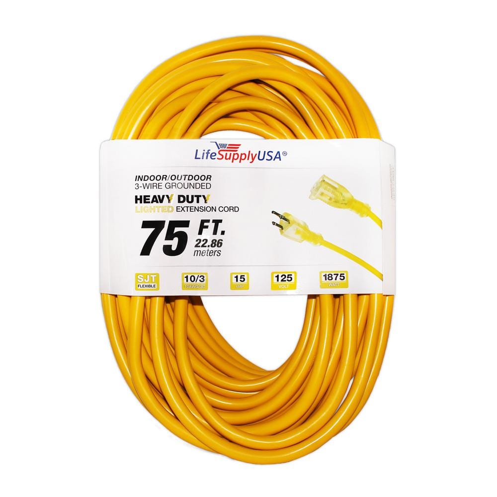 LifeSupplyUSA 75 ft. 10/3 SJTW 15 Amp 125-Volt 1875-Watt Lighted End Outdoor  Super Heavy-Duty Jacket Extension Cord (2-Pack) 210375FT The Home Depot
