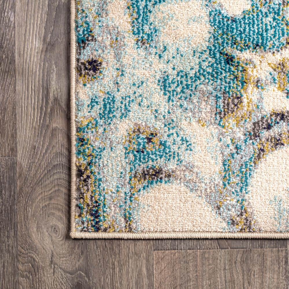 Pebble Blue and Beige Marbled Abstract Runner Rug