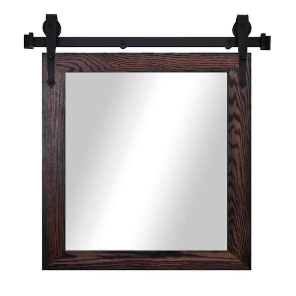 Rayne Mirrors (33 in. W x 38 in. H) Black Cherry Oak Hardwood Mirror With Steel Barndoor Rail