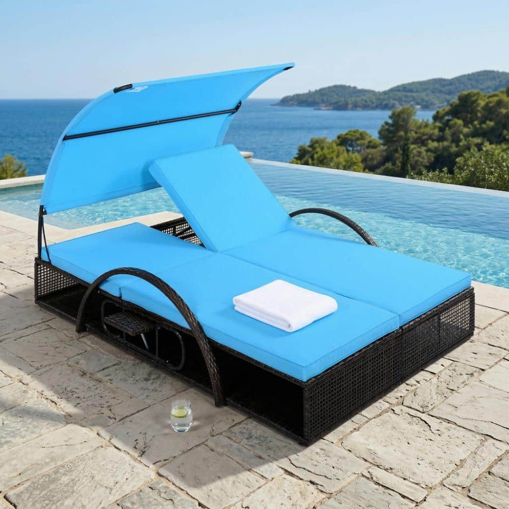 Outdoor Steel Frame Sun Lounger with Adjustable Backrest and Blue Cushions,Hidden Side Table price history on PriceWatchPro