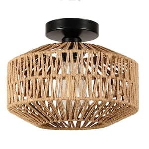 12 in. 1-Light Black Modern Flush Mount with Hand-Woven Natural Rattan Shade and Dimmable LED Bulb Included